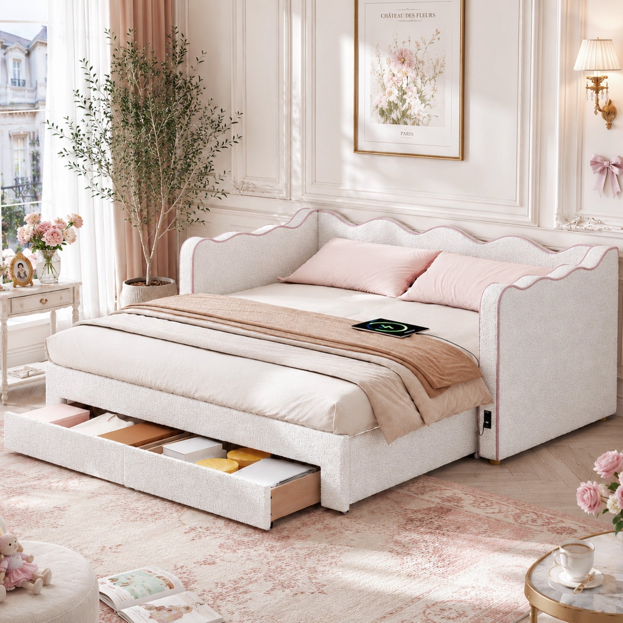 Daybed Sofa Bed With Pull-Out Trundle, Upholstered Single Bed 90 X 190 Cm Extends To 180 Cm, With 2 Storage Drawers, USB Charging Port & Padded Side Panels, Boucle, Beige