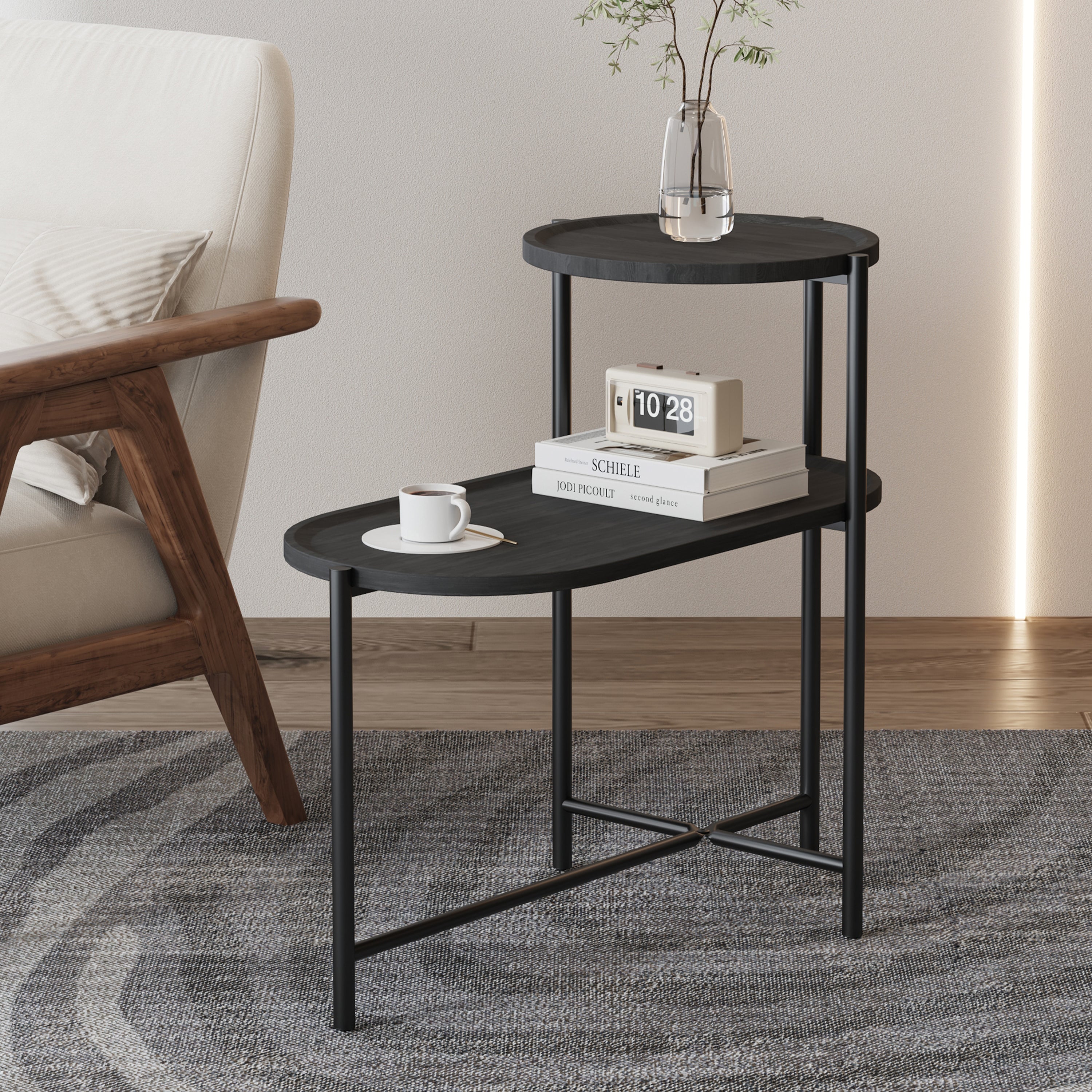 Round Coffee Table With Storage Tray 2 Tier Oval End Tables Wooden Small Side Table For Living Room  Black