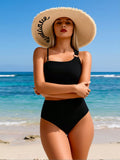 2026 New Women's Sexy Fashion Black Asymmetric Metal Ring Two-Piece Swimsuit For Vacation & Leisure