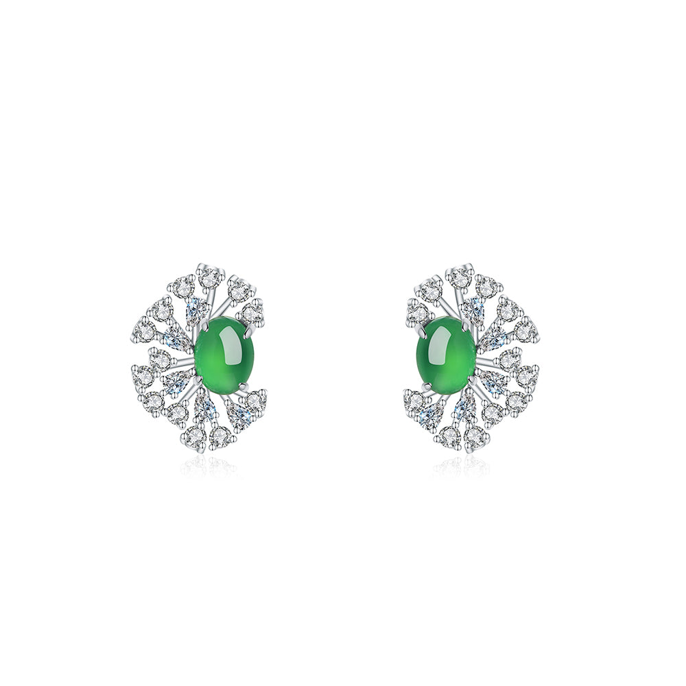 S925 Sterling Silver Sunburst Halo Stud Earrings, 8x6mm Oval Green Chrysoprase, Platinum Plated 4.7g, Elegant Women's Fine Jewelry Gift Box Set
