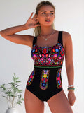 2026 New Mexican Floral Embroidery Print One Piece Swimsuit, Square Neck Ethnic Tummy Control Bathing Suit