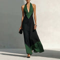 Womens Deep V-neck Color-block Slip Dress