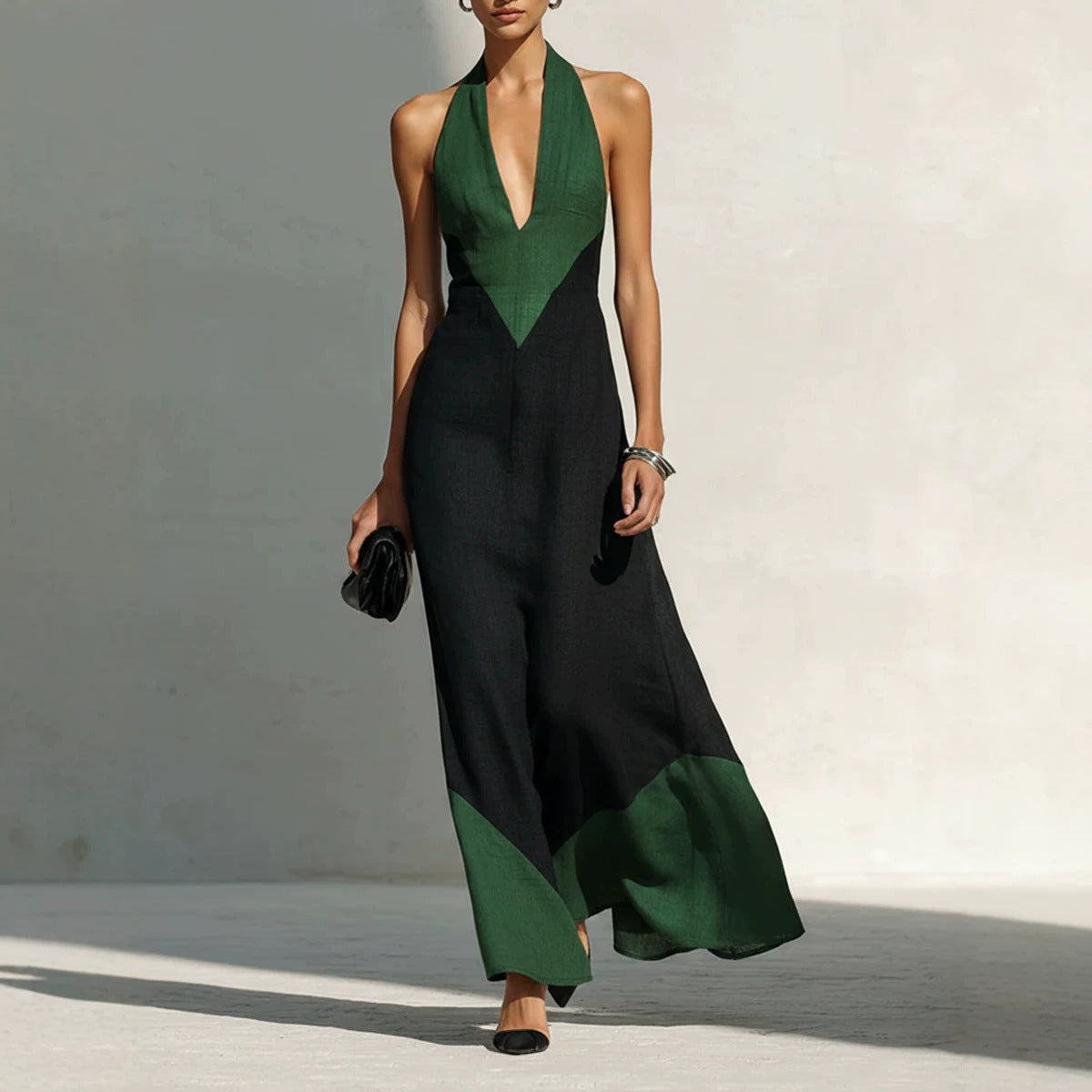 Womens Deep V-neck Color-block Slip Dress