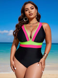 2026 New Plus Size Women's Sexy Fashion Black & Fluorescent Pink-Green V-Neck One-Piece Swimsuit For Vacation & Leisure