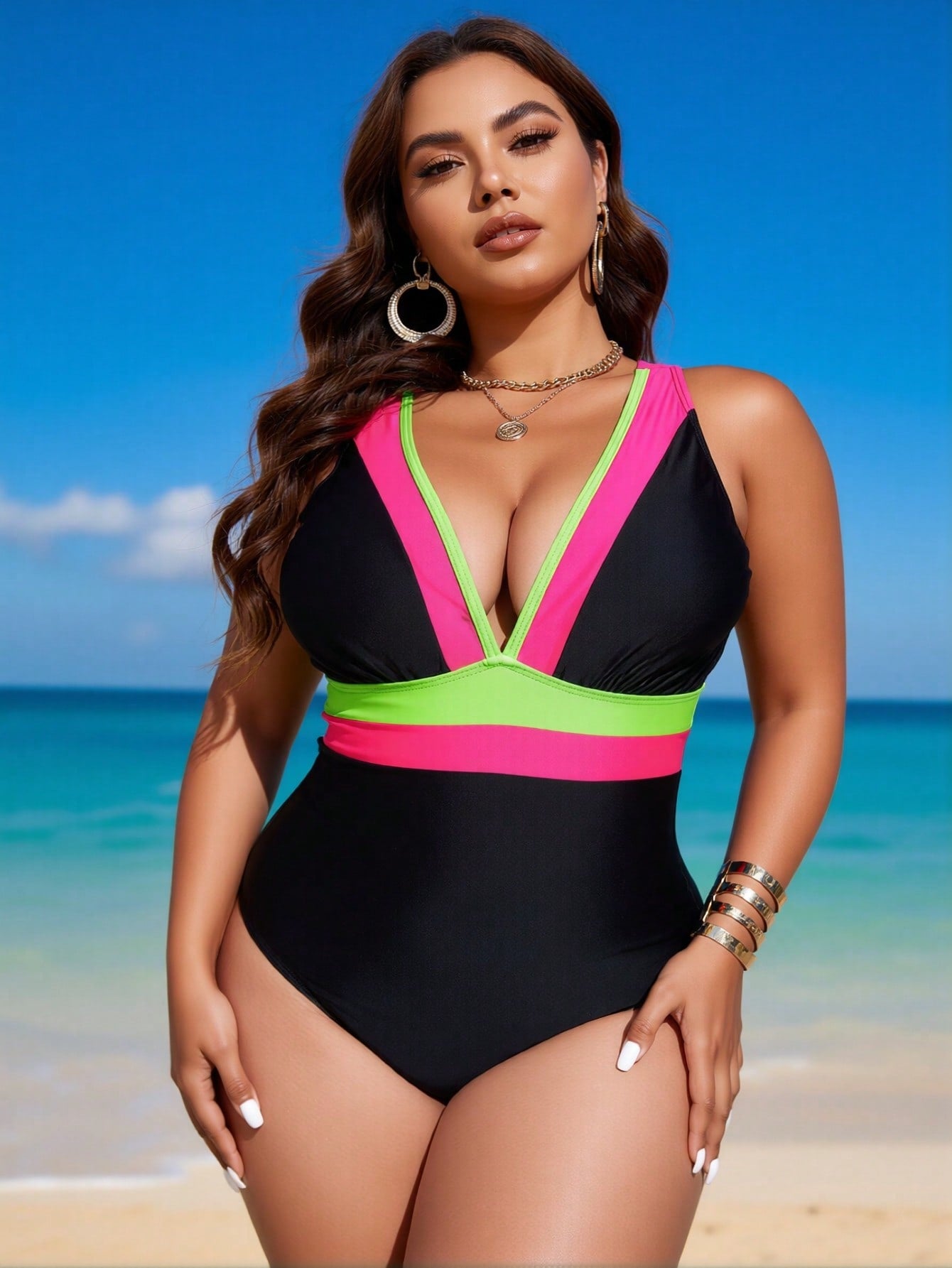 2026 New Plus Size Women's Sexy Fashion Black & Fluorescent Pink-Green V-Neck One-Piece Swimsuit For Vacation & Leisure