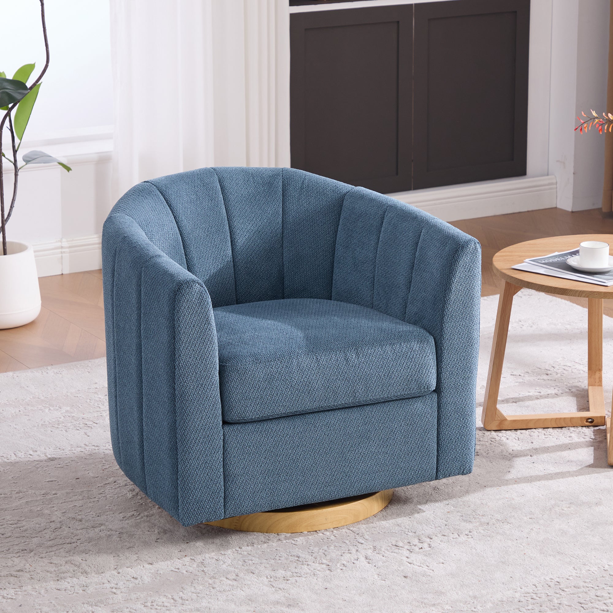 31.1  Wide Upholstered Chenille Swivel Barrel Chair With Solid Wood Base, Comfy Channel Tufted Accent Round Armchair, Single Club Sofa For Living Room Bedroom Reading Nook Corner Apartment, Blue