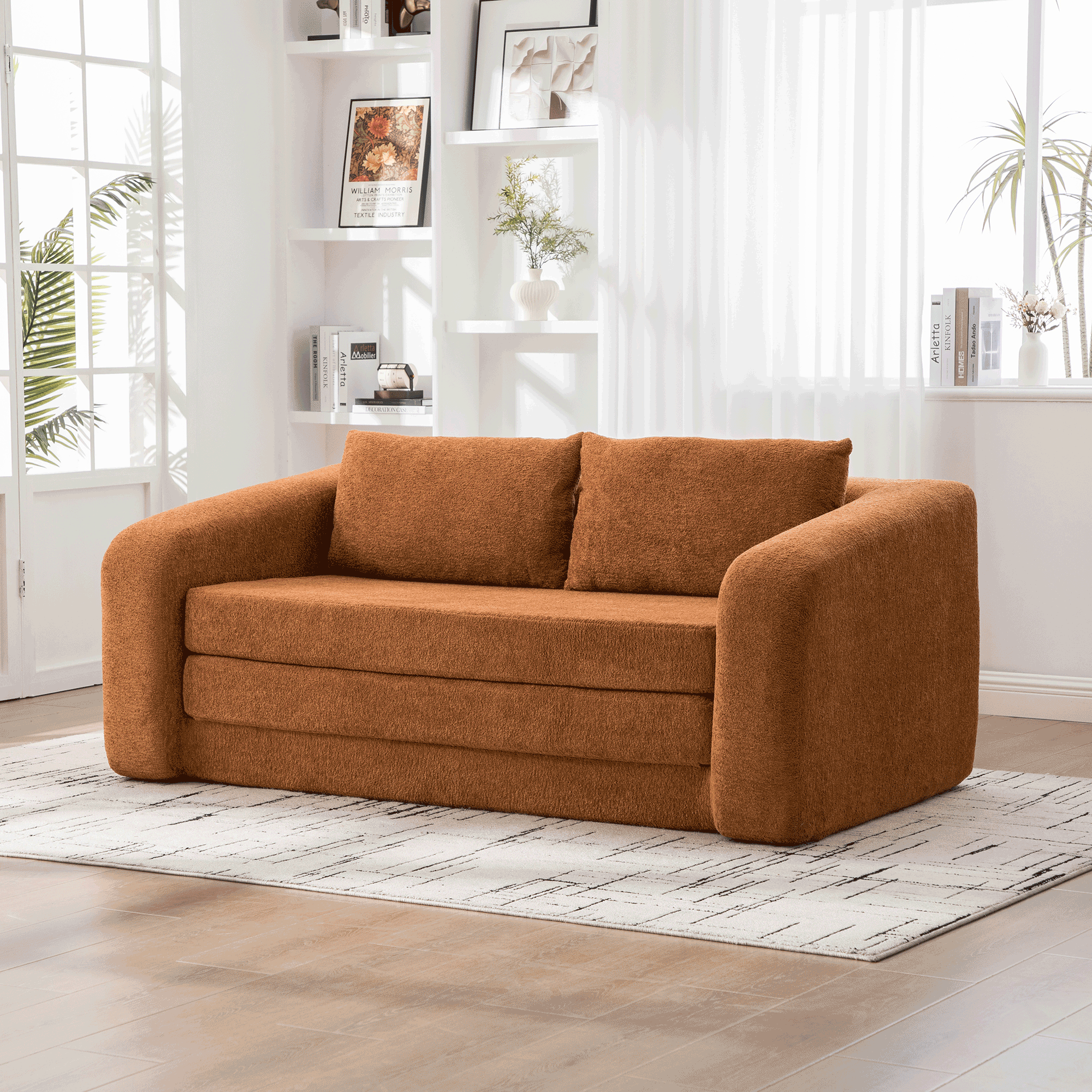 71  2-in-1 Pull Out Foldable Loveseat Sofa Bed With Armrest & Backrest Pillows, Convertible Chenille Boneless Cloud Floor Mattress Sleeper Lounge Couch For Living Room Bedroom Guestroom Dorm, Orange