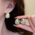Vintage Embossed Blue Rose Drop Earrings With Inlaid Shiny Zircon, Dainty French Enamel Luxury Ladies Statement Ear Ornaments