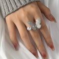 Fashionable Pearl Butterfly Open Ring For Women