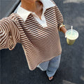 Loose-fit Striped V-neck Drop-shoulder Short-sleeve Polo-collar T-shirt