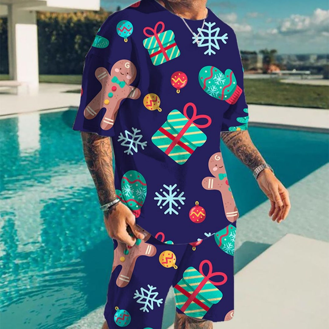 Mens Retro Short-Sleeve Top And Shorts Set With Floral Print