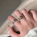 1pair Vintage Hollow Floral Tiger Eye Stone Open Stackable Rings, Elegant French Retro Style, For Women Daily Tea Party Wear & Girlfriend Holiday Gifts