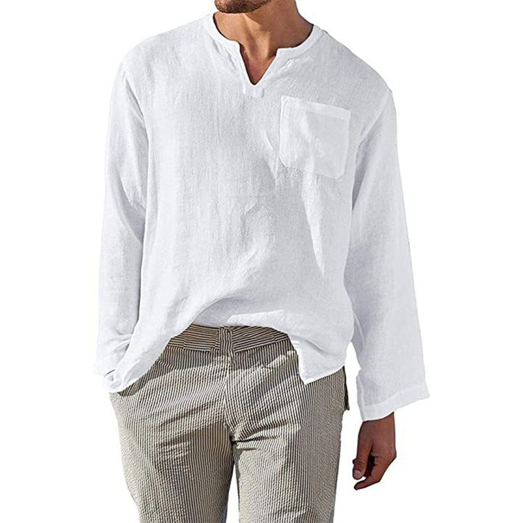 Linen Solid-color Casual Loose-fit Long-sleeve Shirt