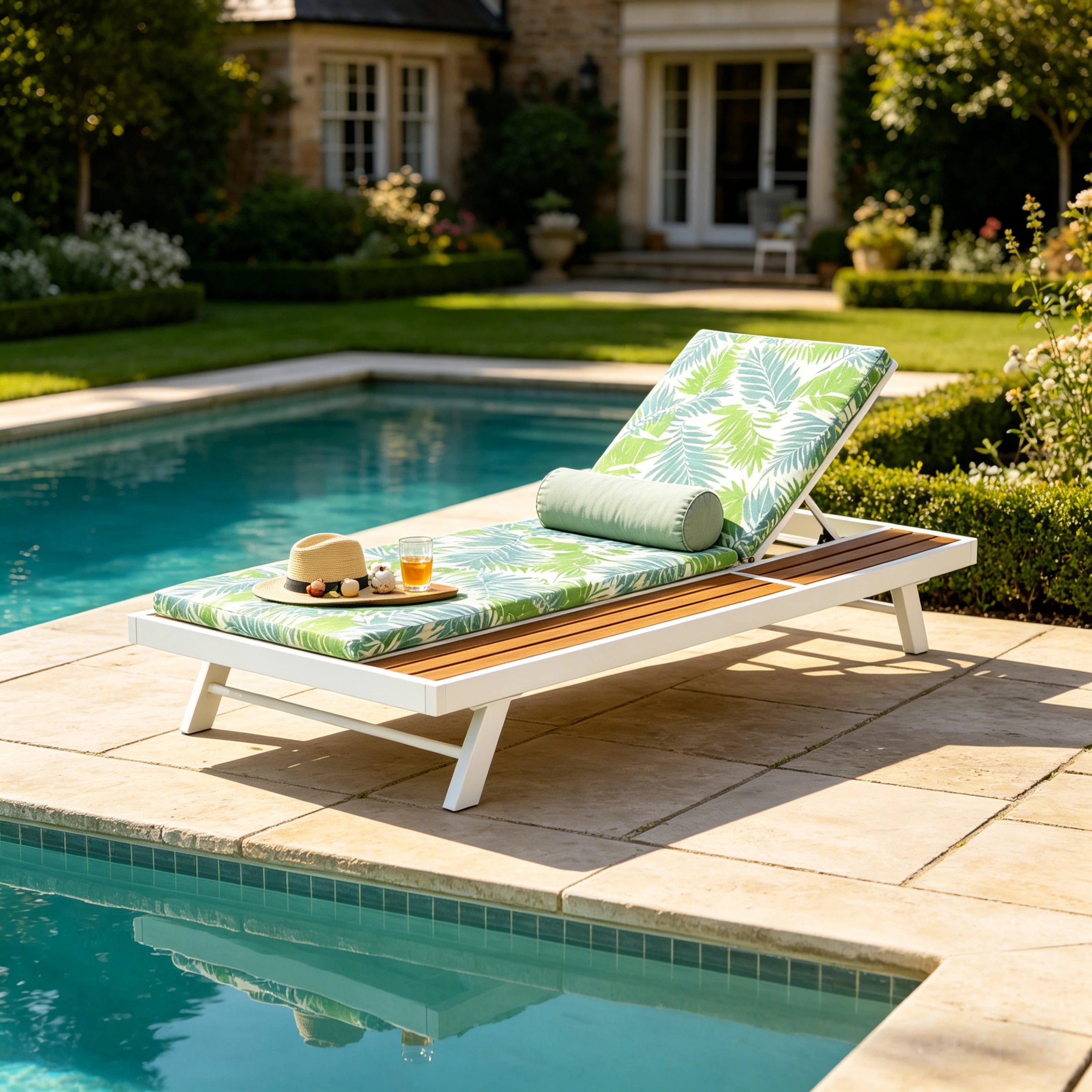 White Iron   Teak Finish Outdoor Chaise Lounge Set With Leaf Coconut Cushion, 2  Thick 2-Fold Water-Resistant Cushion, Adjustable Backrest With Flat Storage Surface For Patio Poolside