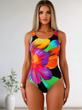 2026 New Large Watercolor Floral Print One-Piece Swimsuit, Scoop Neck Tummy Control Bathing Suit