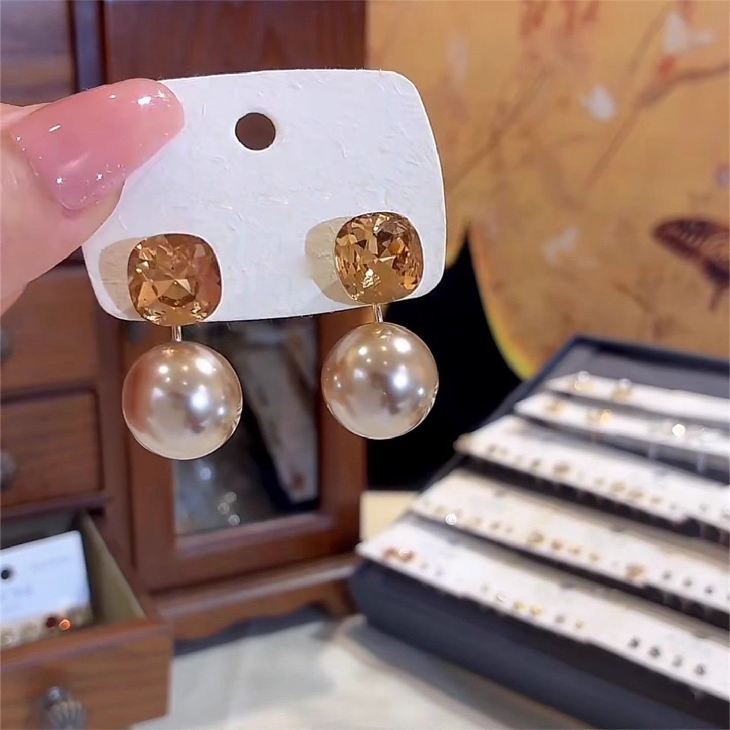 Dual-wear Coffee & Champagne Cube Crystal Studs, Elegant Light Luxury Earrings