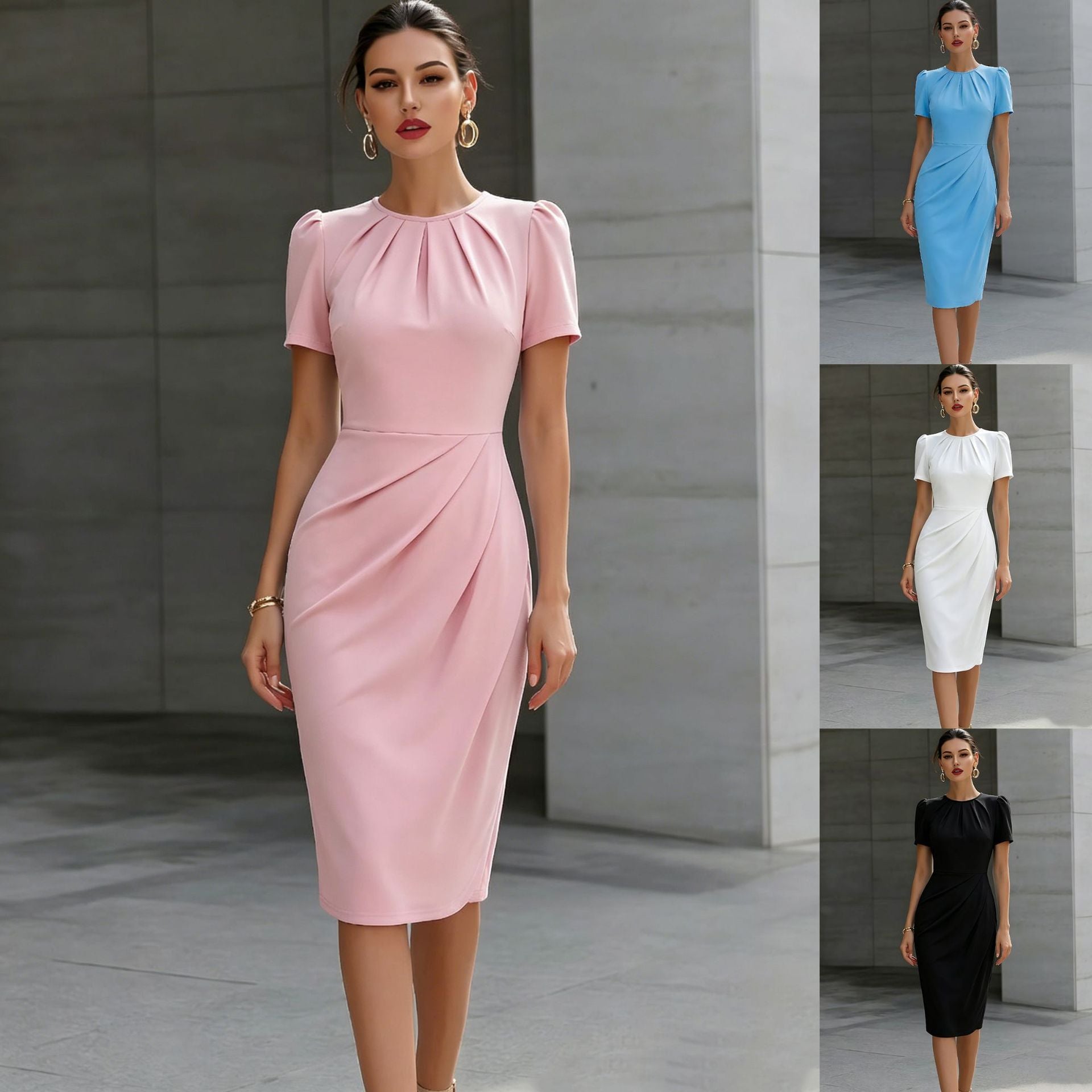 Round-neck Pleated Waist Cinching Dress