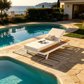 White Iron   Teak Finish Chaise Lounge Set With Cream Cushion, 400 Lbs Capacity, 4  Thick 3-Fold Water-Resistant Cushion, Adjustable Backrest With Flat Storage Surface For Patio Poolside