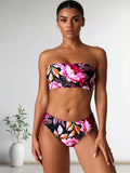 2026 New Floral Print Strapless Bandeau Bikini Set, High Waist Two-Piece Bathing Suit