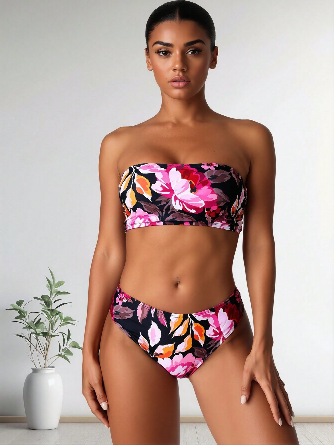 2026 New Floral Print Strapless Bandeau Bikini Set, High Waist Two-Piece Bathing Suit