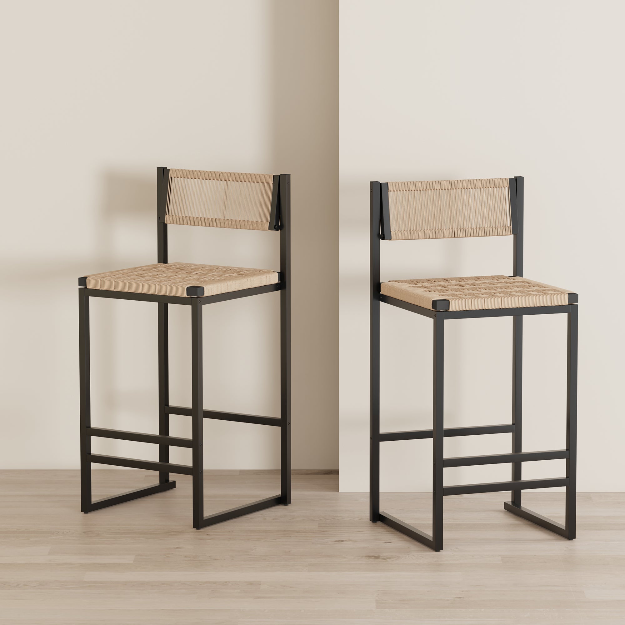 Kitchen Bar Stools With Footrest Set Of 2 Paper Rope Weave Dining Chairs Counter Height Barstool  Style B Black & Honey