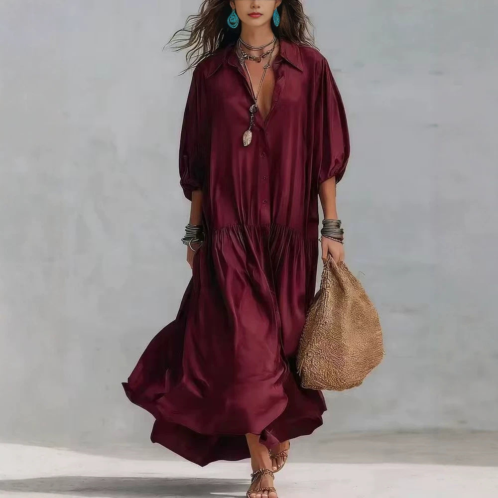 Retro-style Seven-quarter-sleeve Long Dress Casual And Elegant One-piece Gown