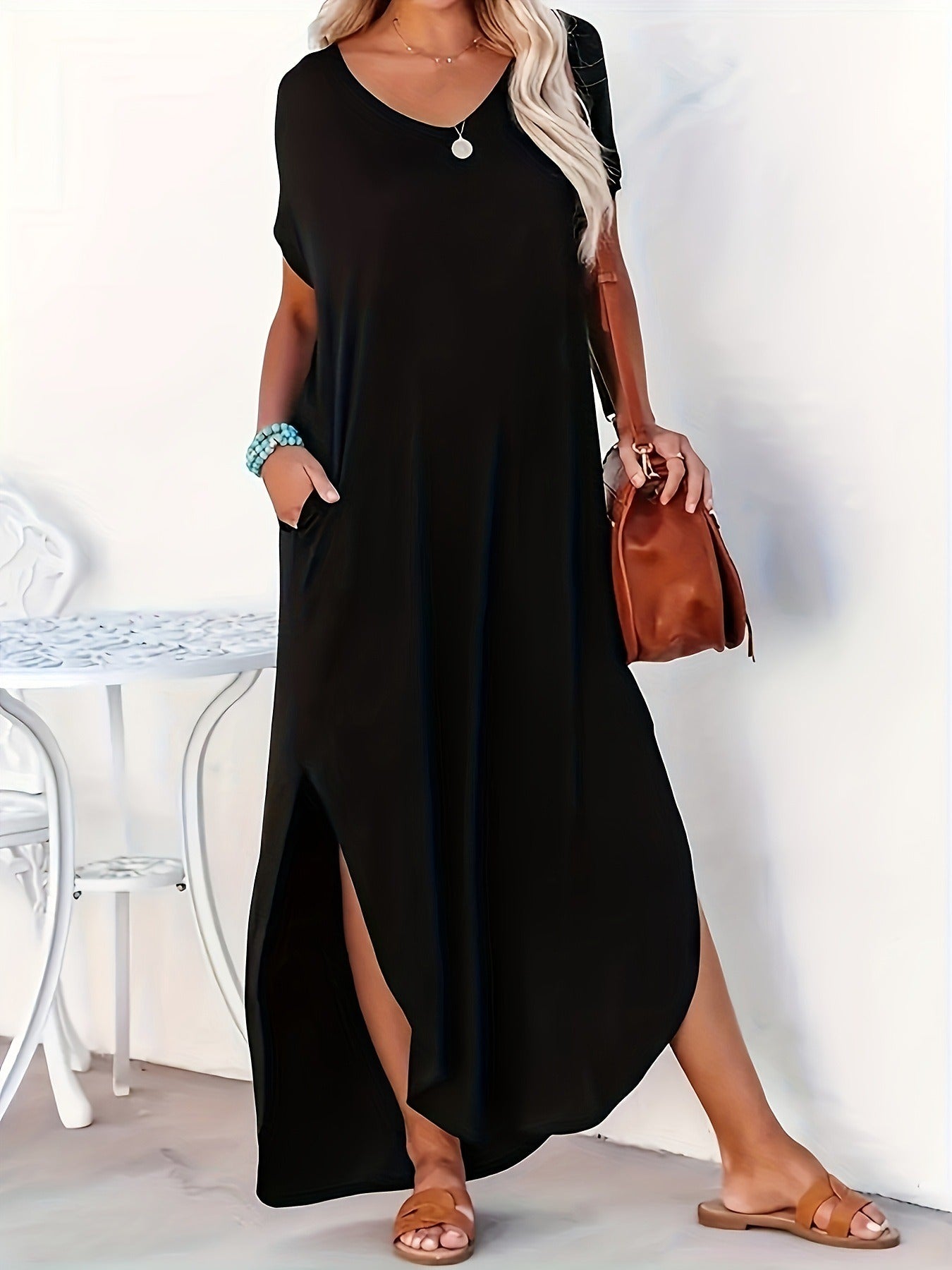 Summer New Arrival, Loose-fitting, Stylish, Casual & Elegant Solid Color Dress With Slit Design