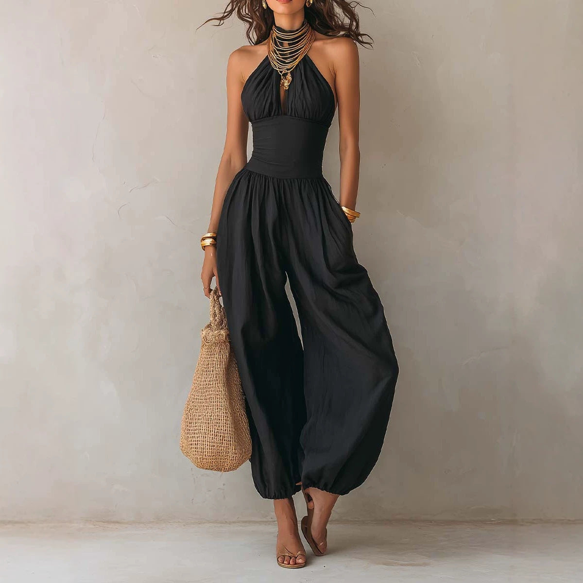 Bohemian-style Backless Hollow-out Lantern-leg Jumpsuit
