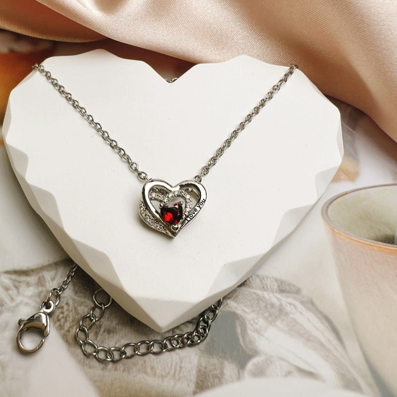 New Heart-shaped Diamond Inlaid Birthstone Pendant Necklace