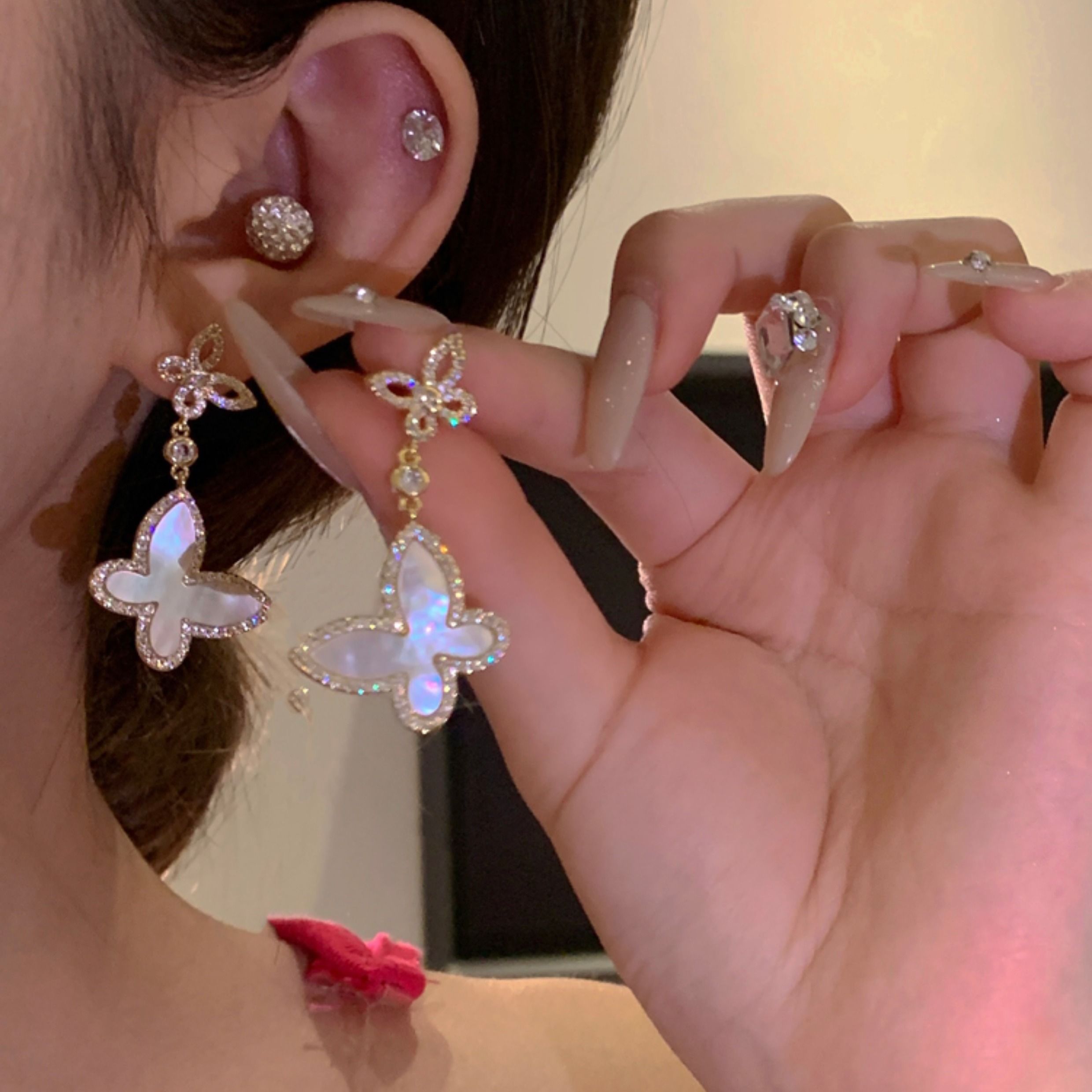 Delicate White Shell Butterfly Studs, Elegant Light Luxury Daily Wear Ear Ornaments