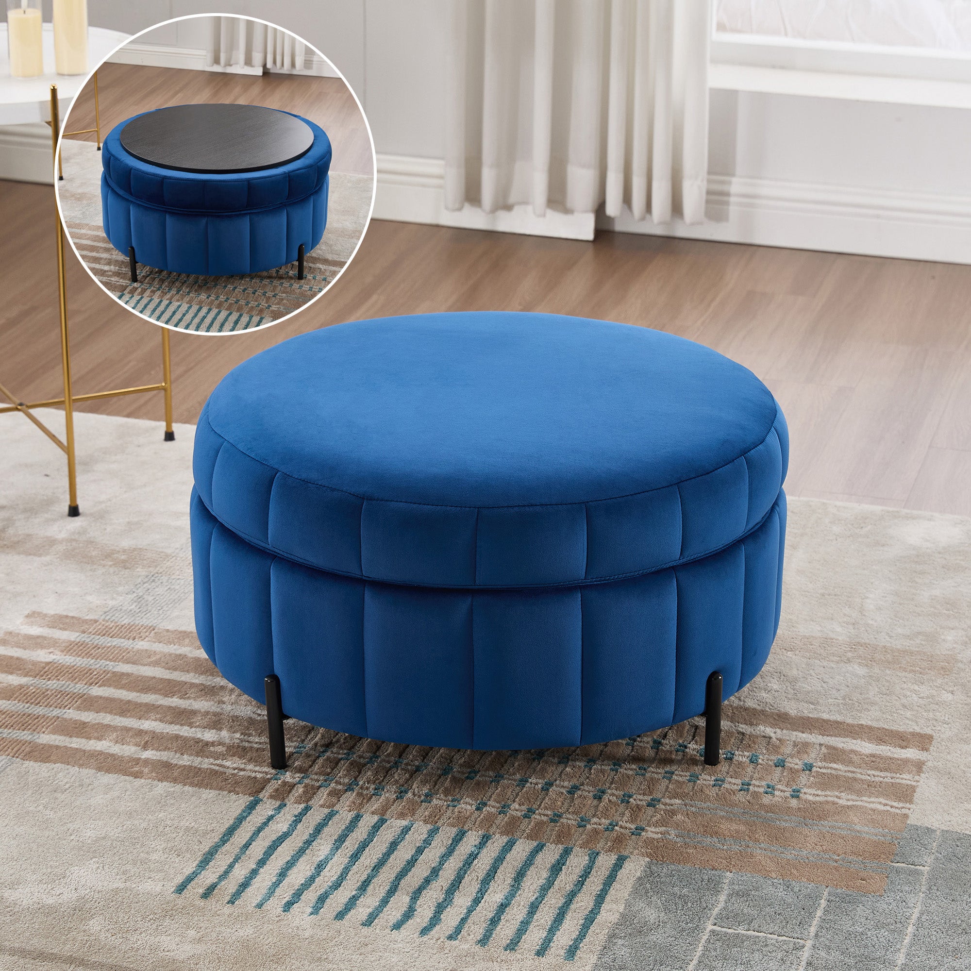 31.5 W Upholstered Round Ottoman With Reversible Lid, Velvet Storage Stool, Channel Tufted Pumpkin-shape Footstool For Living Room, Bedroom And Office, Navy