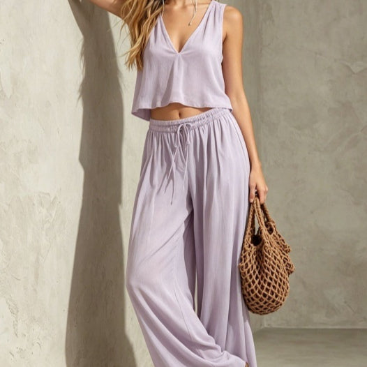 V-neck Solid-color Sleeveless Camisole And Wide-leg Pants Casual Set