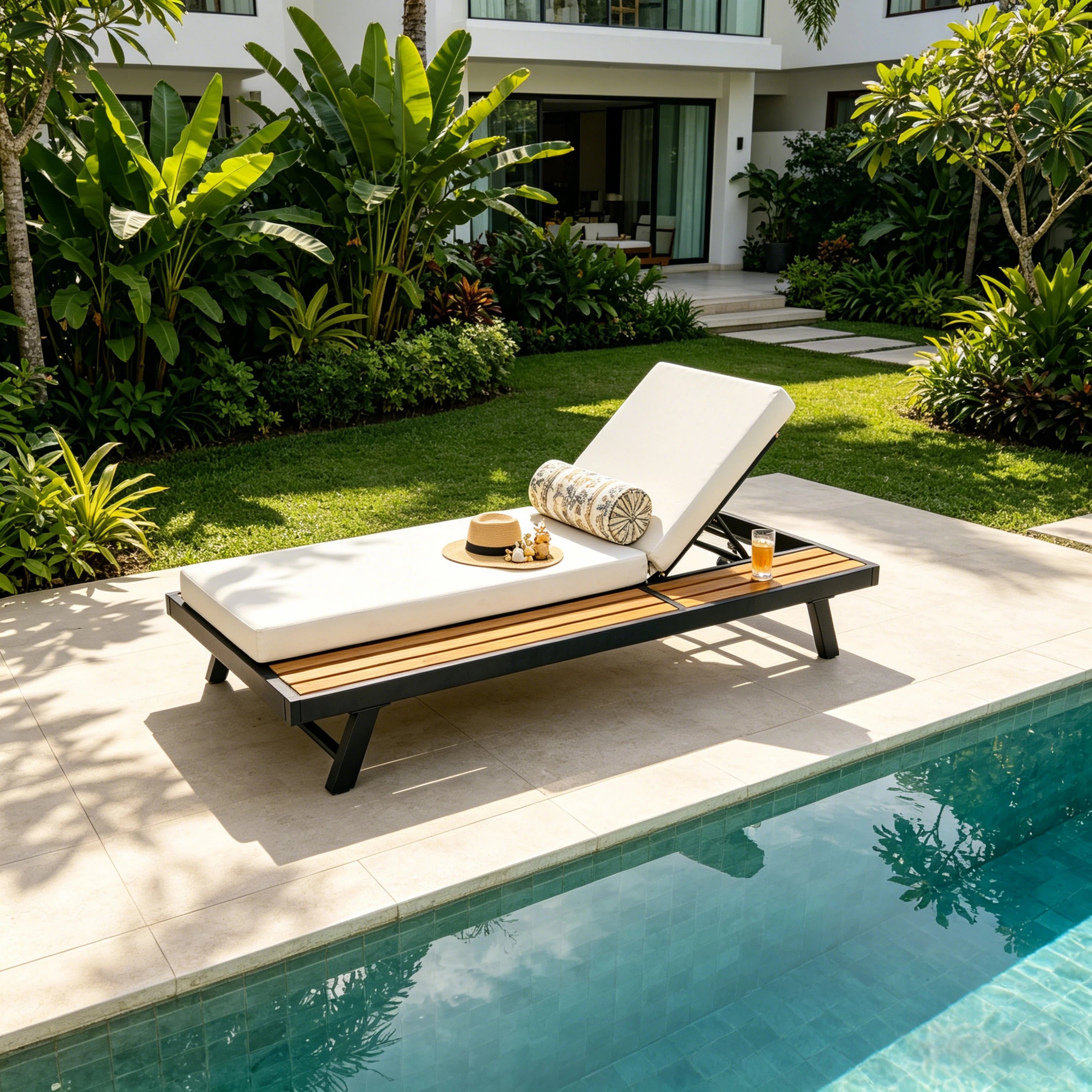 Black Iron   Teak Finish Chaise Lounge Set With Cream Cushion, 400 Lbs Capacity, 4  Thick 2-Fold Water-Resistant Cushion, Adjustable Backrest With Flat Storage Surface For Patio Poolside