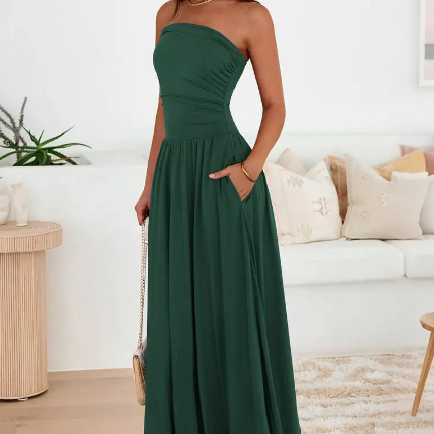 Vintage-tinged Pleated Patchwork Strapless Evening Dress