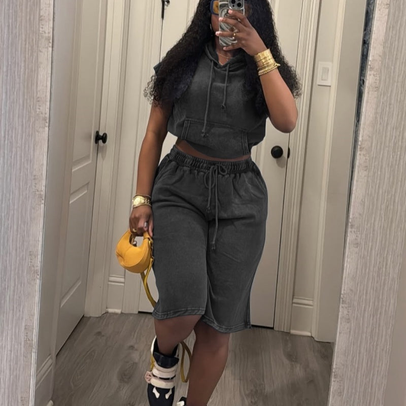 Casual Elastic Washed Shorts Set