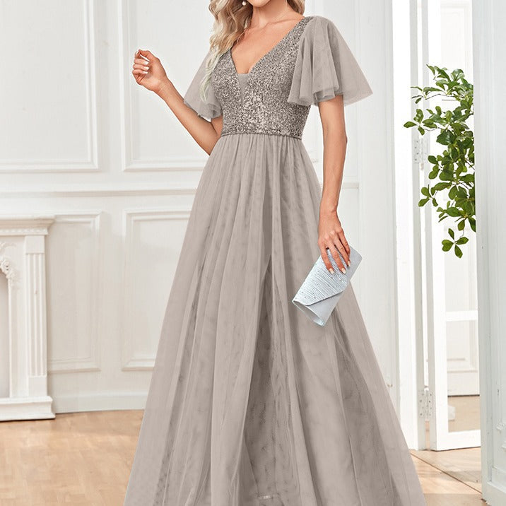 Womens Sexy V-neck Short-sleeve Long Dress
