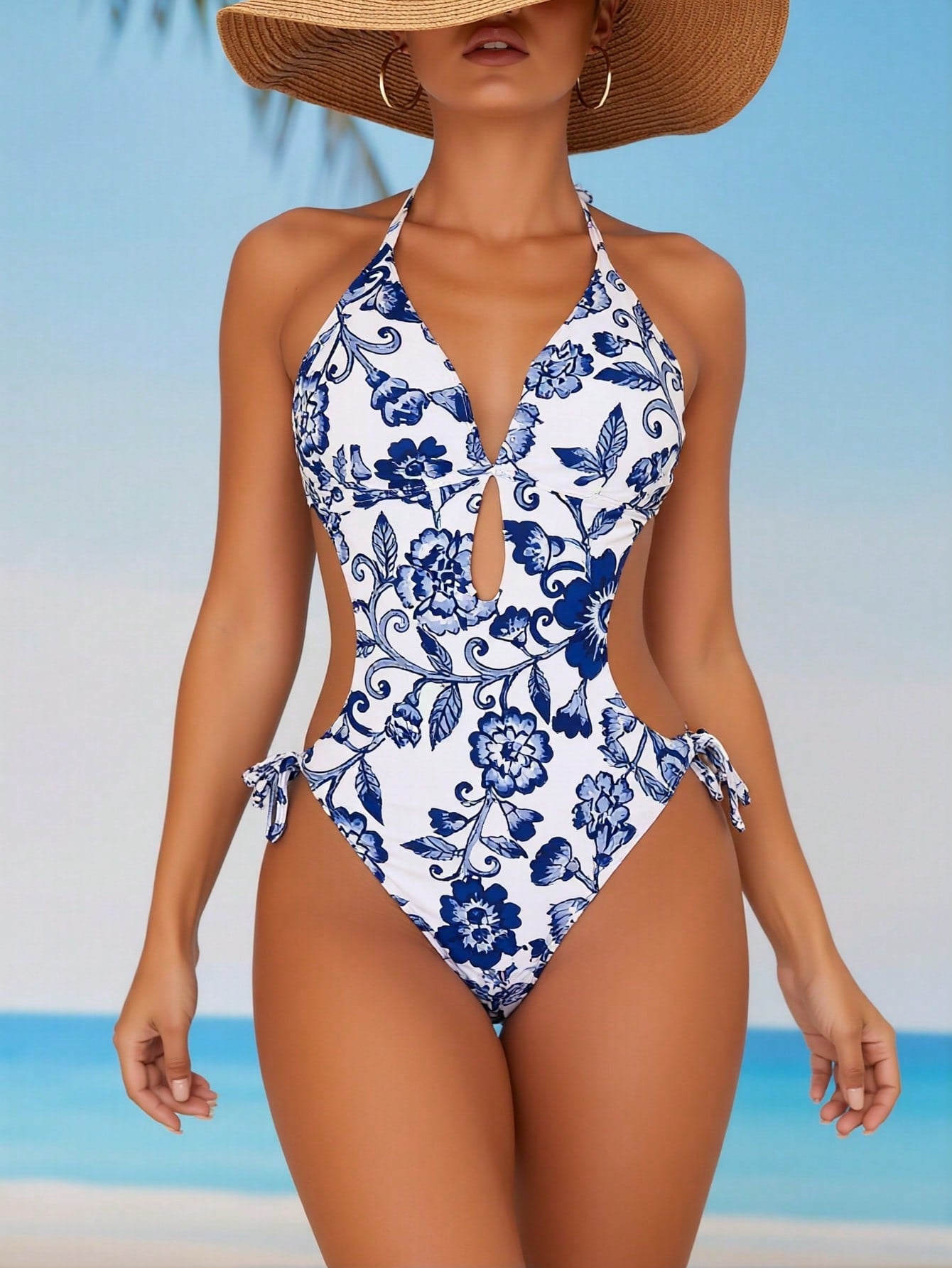 2026 New Porcelain Print Cutout One Piece Swimsuit For Women, Halter Waist Cutout Side Tie Sexy Beach Swimwear