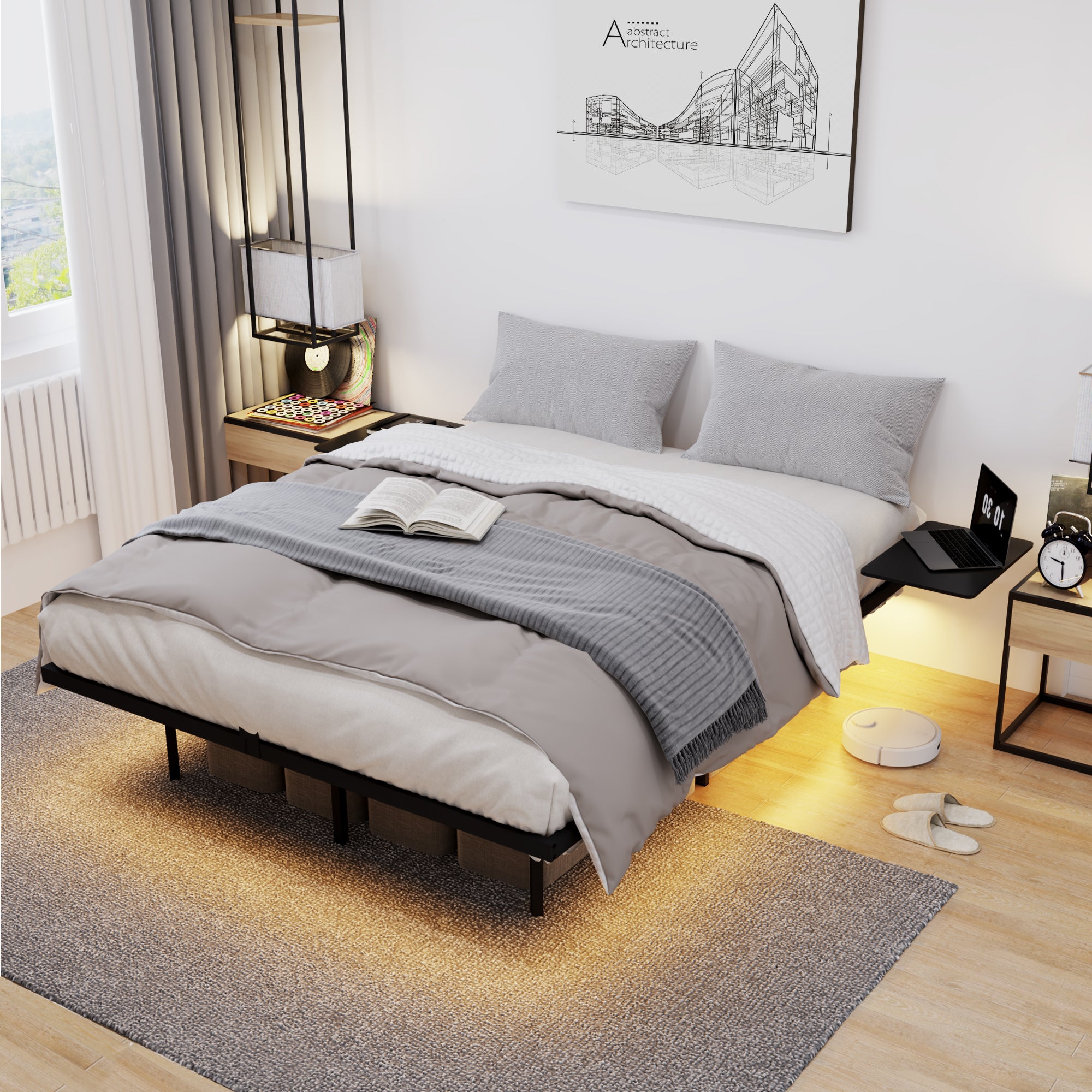 Queen Size Bed Frame , Heavy Duty Metal Bed Frame, Quick & Easy Assembly, LED Light, No Noise, Black