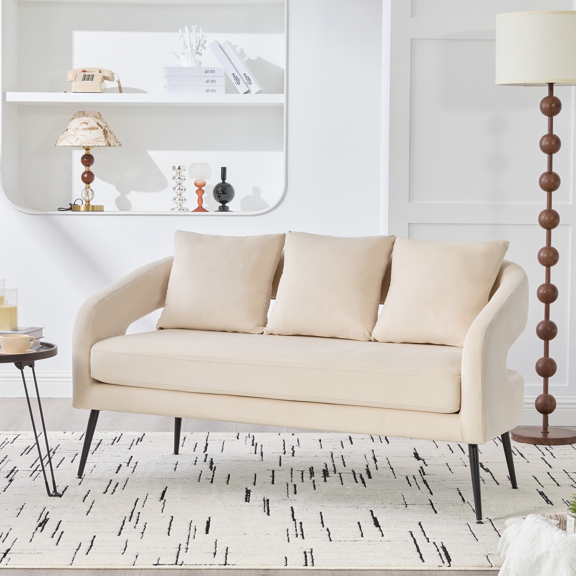 53.7 Modern Upholstered Velvet Open Back Loveseat Settee With 3 Pillows, Small Comfy Sofa 2-Seater Mini Sofa For Small Space With Metal Legs, Living Room Bedroom Office Dorm Studio Apartment, Beige