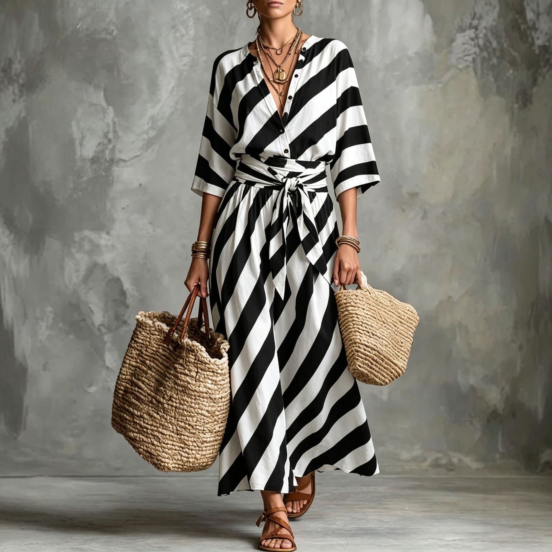 Striped V-neck Button-up Shirt And Skirt Set