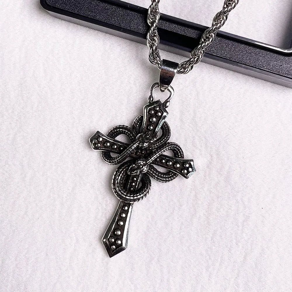 1pcs Vintage Twisted Chain Snake Wrapped Cross Pendant Necklace, Dark Punk Gothic Style, For Men Street Biker Party Wear & Male Holiday Gifts