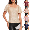 Womens Fashionable Square-neck Short-sleeve Sequin Puffed Sleeves