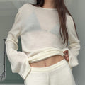 Hollow-out Knitted Blouse Womens Loose-fitting Long-sleeve Top