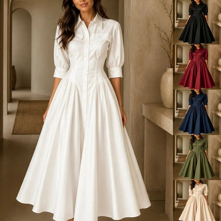 Cotton-linen Blend Single-breasted High-waisted Solid-color Dress