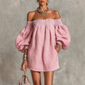 Off-the-shoulder Lantern-sleeve A-line Loose-fit Mini Dress