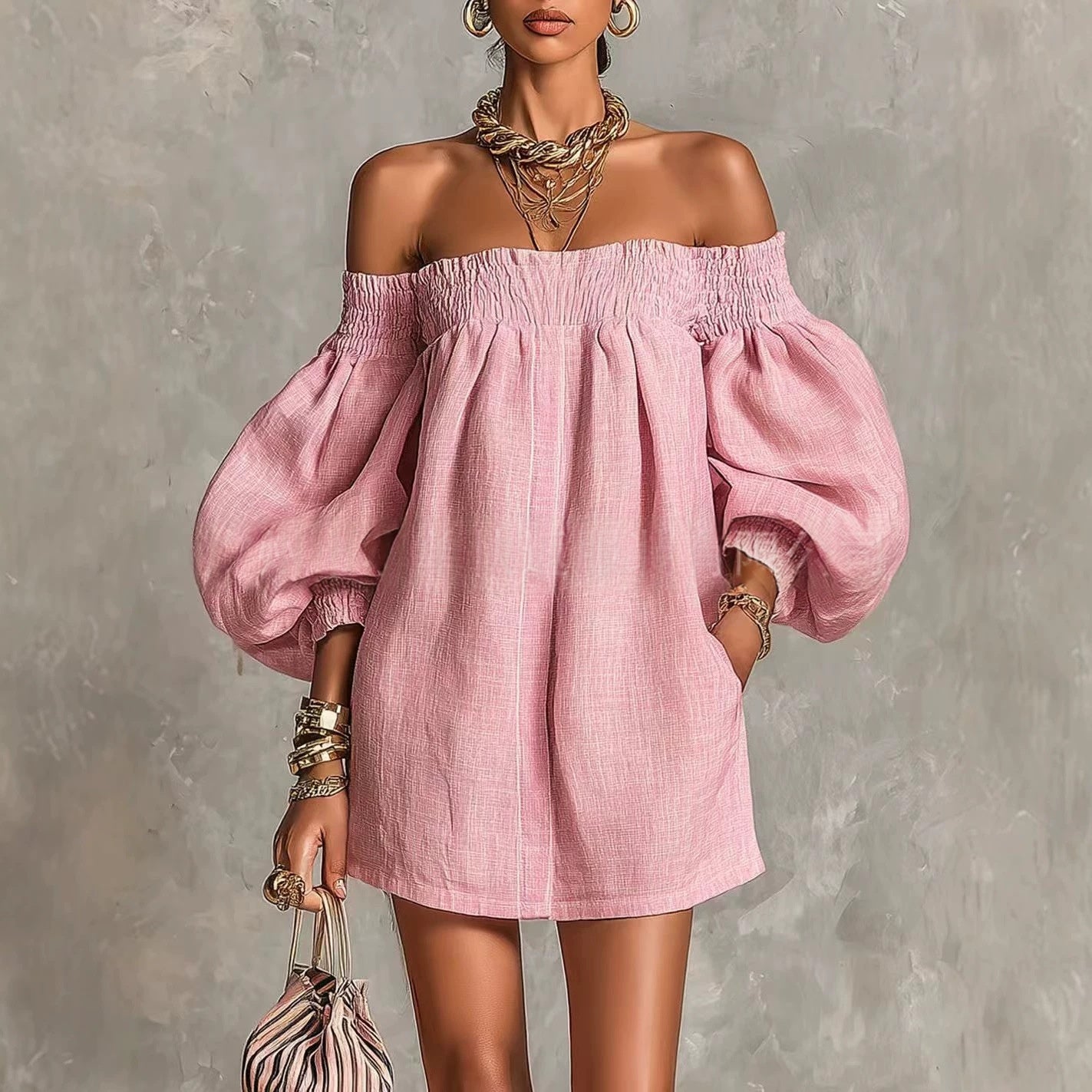 Off-the-shoulder Lantern-sleeve A-line Loose-fit Mini Dress