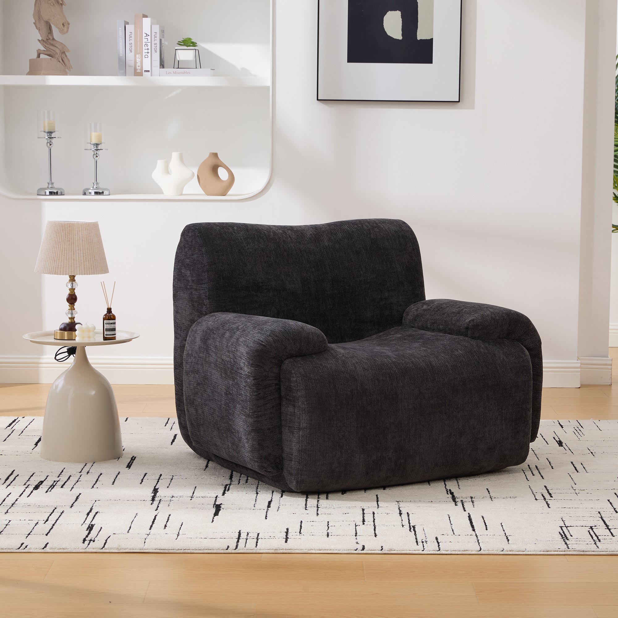 42  Wide Modern Upholstered Oversized Accent Chair, Boneless Single Sofa Chair, Chenille Armchair Comfy Reading Lounge Chair With Deep Seats For Living Room Bedroom Apartment, Dorms, Black