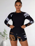 2026 New Abstract Leaf Print Long Sleeve Rash Guard Set, Two-Piece Swimwear With Boy Shorts