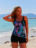 2026 New Women's Sexy Fashion Black Base & Colorful Palm Leaf Print Tummy-Control Two-Piece Boyleg Swimsuit For Vacation & Leisure Swimwear