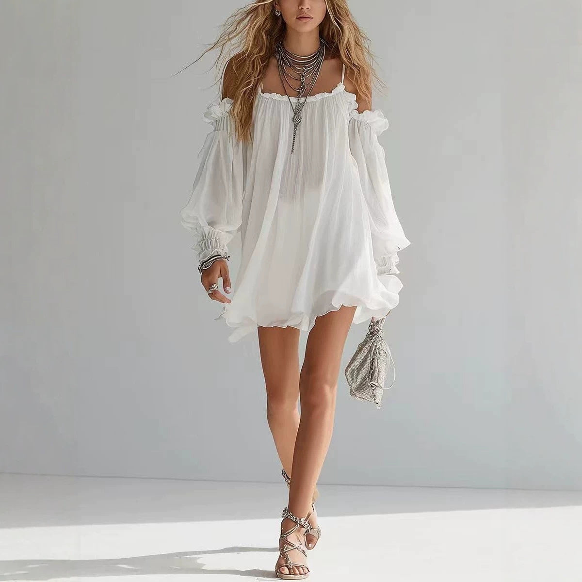 Womens Chiffon Off-shoulder Strap Dress
